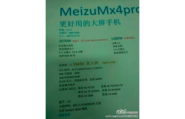 Утечка демонстрирует спецификации смартфона Meizu Mx4 Pro