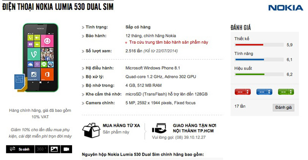 Вьетнамский интернет-магазин показал Nokia Lumia 530