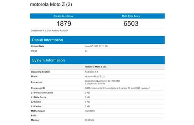 Флагман Motorola Moto Z2 со Snapdragon 835 протестирован в Geekbench