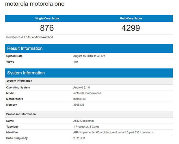Смартфон Motorola One побывал в GeekBench