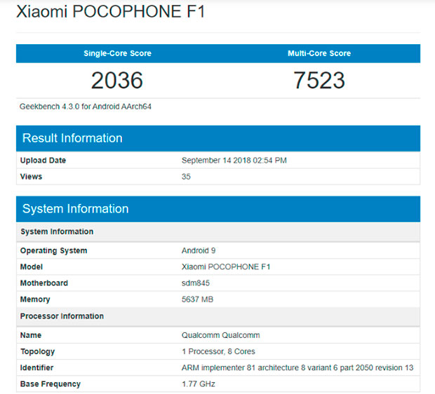 POCOPHONE F1 на базе Android 9 появился в Geekbench