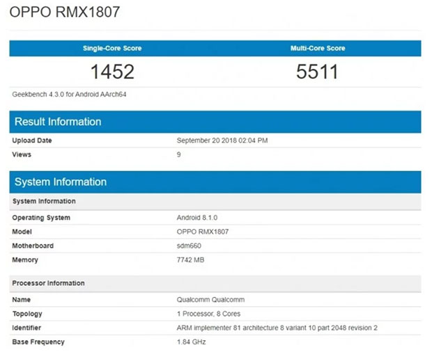 Тестирование Realme 2 Pro в Geekbench подтвердило чип Snapdragon 660 и 8 ГБ ОЗУ