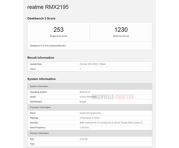 Смартфон Realme C15s с чипом Snapdragon 460 появился в Geekbench