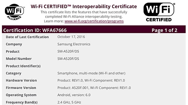Samsung Galaxy A5 (2017) получил WiFi сертификат