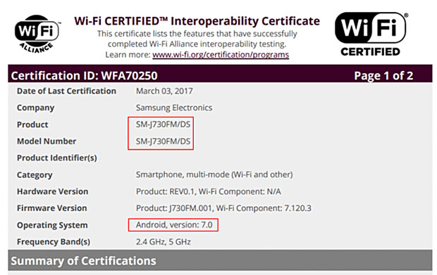 Samsung Galaxy J7 (2017) получил WiFi-сертификат