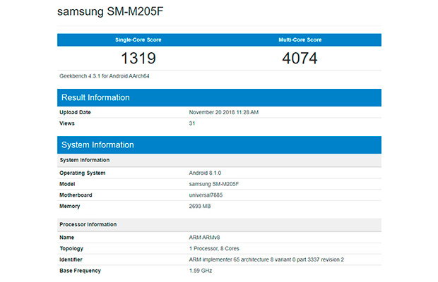 Samsung Galaxy M2 с процессором Exynos 7885 протестирован в Geekbench