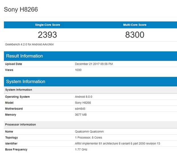 Sony выпустит смартфон H8266 на чипе Qualcomm Snapdragon 845