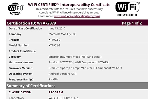 Motorola XT1902-2 получила WiFi сертификат