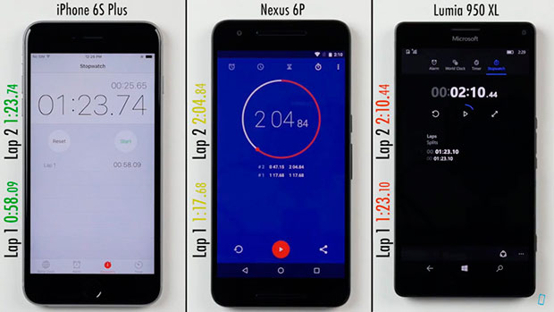 Сравнение скорости работы iPhone 6s Plus, Lumia 950 XL и Nexus 6P
