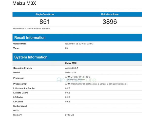 Смартфон Meizu M3X замечен в Geekbench