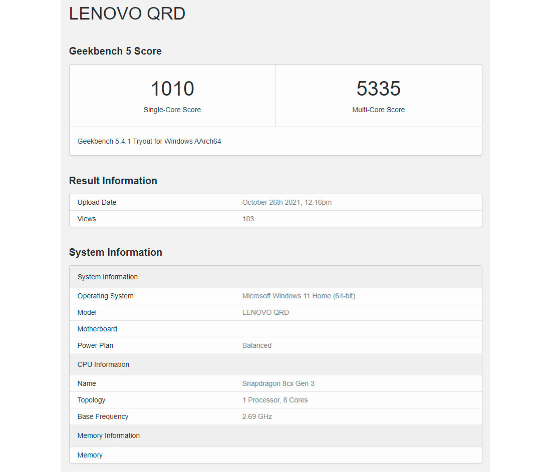 В Geekbench появился неизвестный девайс Lenovo QRD на чипе Snapdragon 8cx третьего поколения
