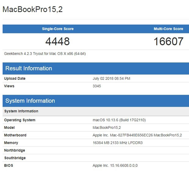 Новый MacBook Pro с чипом Intel Coffee Lake и 16 ГБ ОЗУ побывал в Geekbench