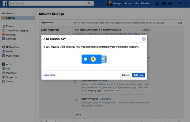 Facebook добавил функцию авторизации с помощью электронного ключа