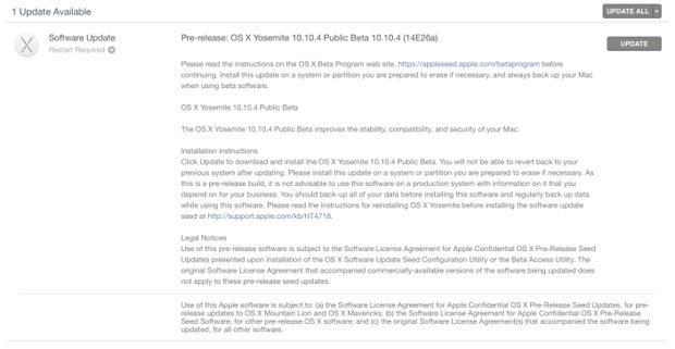 Apple выпустила обновление OS X Yosemite 10.10.4 beta 4