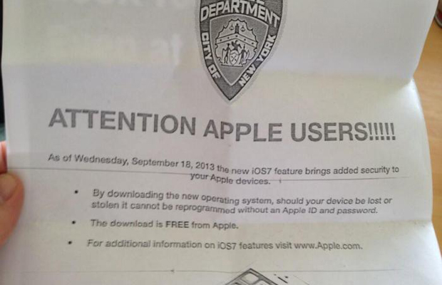 Полиция Нью-Йорка активно призывает людей обновляться до iOS 7 для дополнительной безопасности