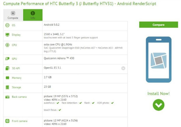 Выявлены спецификации смартфона HTC Butterfly 3