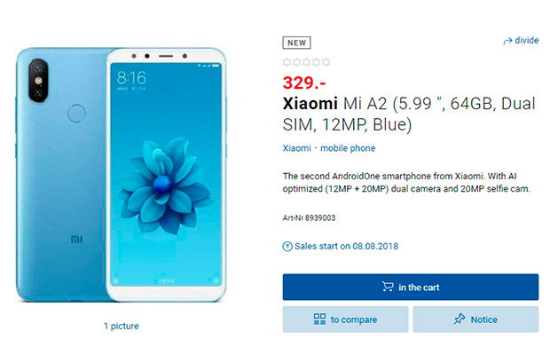 Xiaomi Mi A2 замечен на швейцарском сайте, начало продаж в августе