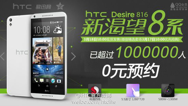 Одного миллиона предзаказов HTC Desire 816 также не было