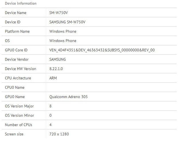 Windows Phone Samsung SM-W750V получит Snapdragon CPU и Adreno 305 GPU