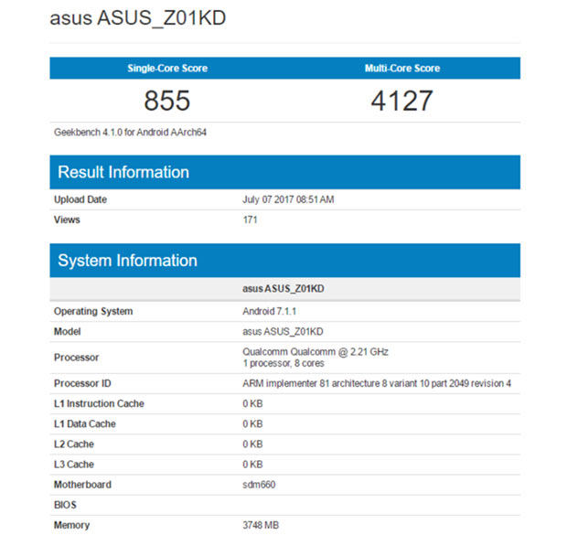 ASUS Zenfone 4 с чипом SDM660 появился в Geekbench