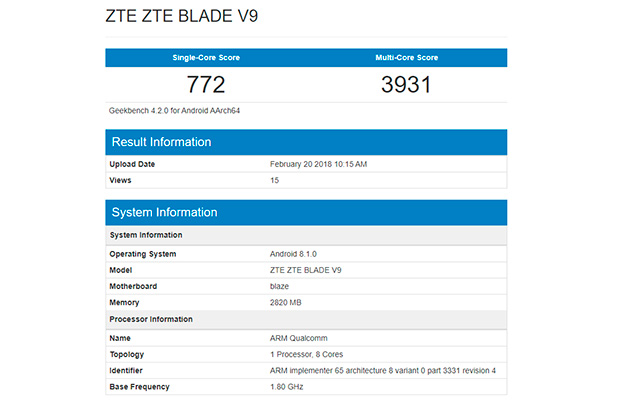 ZTE Blade V9 был замечен в Geekbench