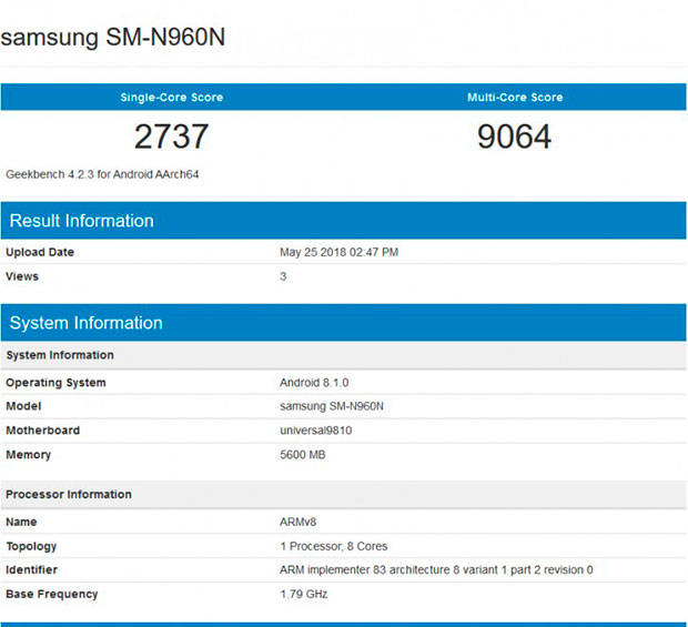 Samsung Galaxy Note9 на базе Exynos 9810 побывал в Geekbench
