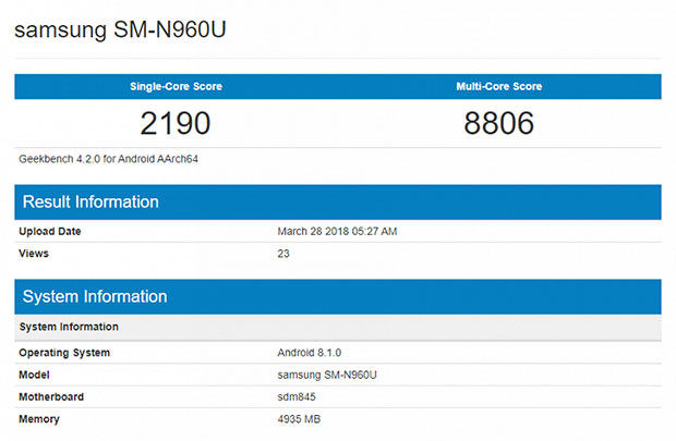 Samsung Galaxy Note9 с 6 ГБ ОЗУ протестировали в Geekbench