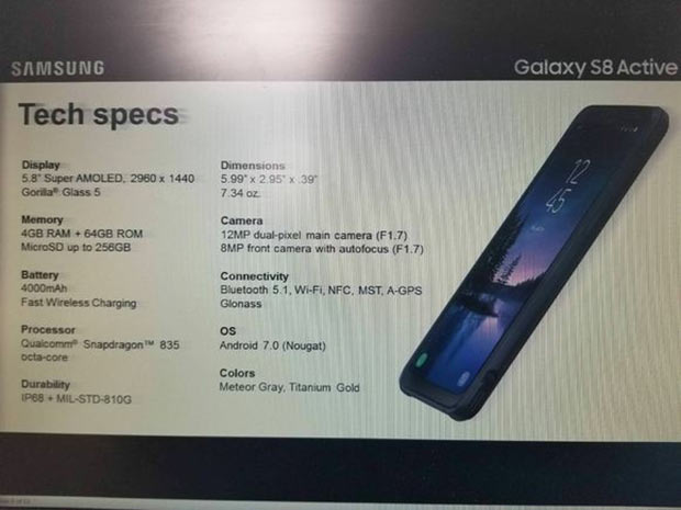 Полный список спецификаций Samsung Galaxy S8 Active попал в Сеть