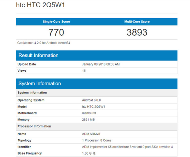 Смартфон HTC 2Q5W1 на чипе Snapdragon 625 появился в Geekbench