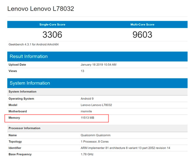В GeekBench появился смартфон Lenovo Z5 Pro GT SD855 с 12 ГБ ОЗУ
