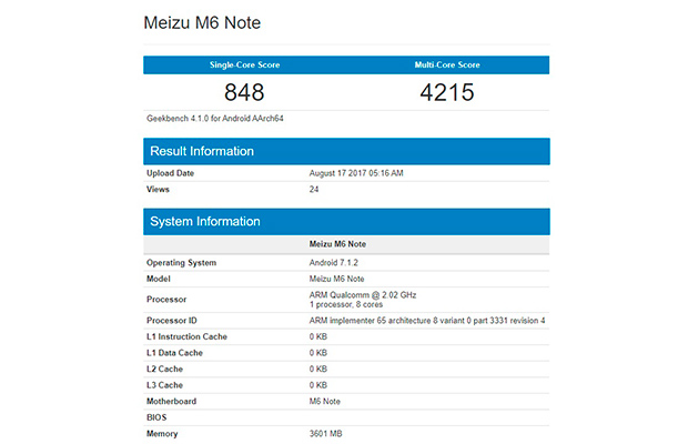 Meizu M6 Note со Snapdragon 625 протестирован в Geekbench