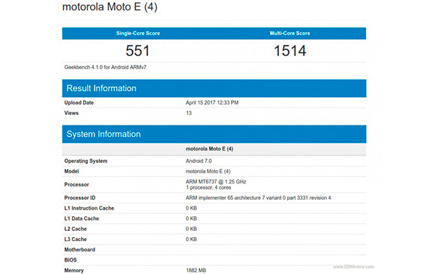 Moto E4 замечен в бенчмарке GeekBench