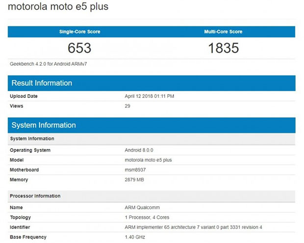 Moto E5 Plus с чипом Snapdragon 430 побывал в Geekbench