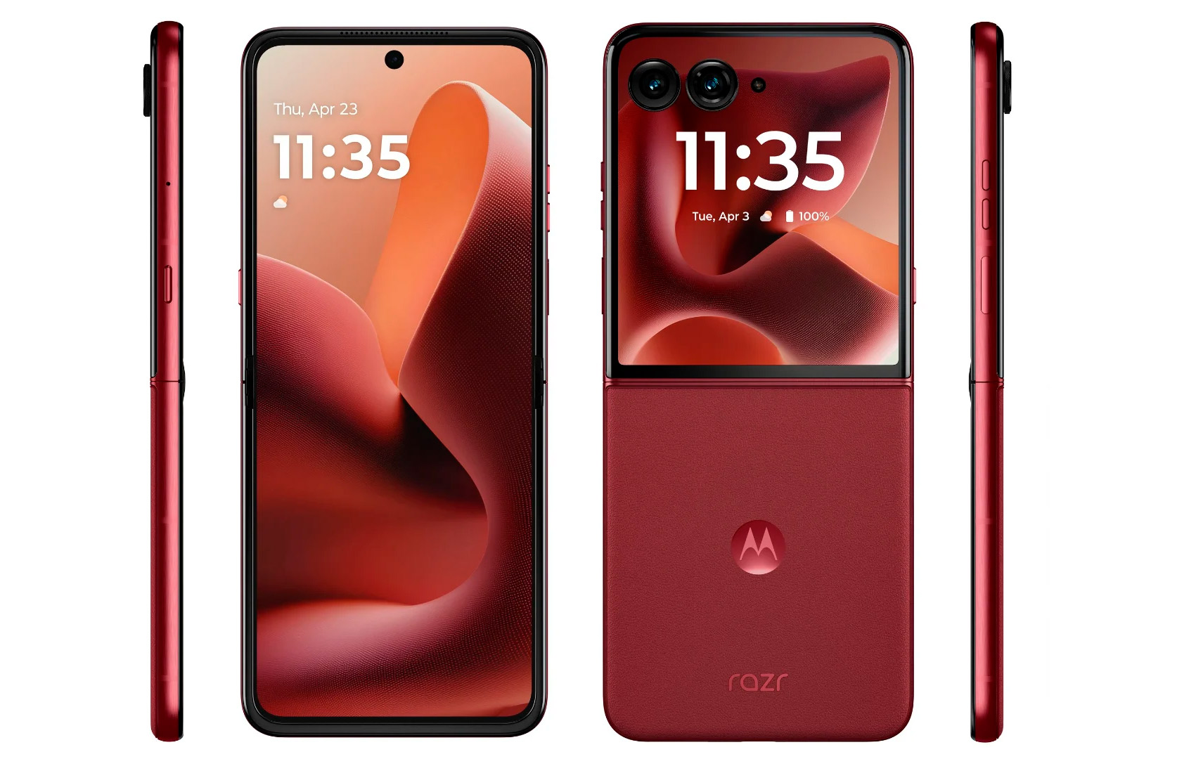 Motorola Razr 60 Ultra показан со всех сторон в цвете Rio Red
