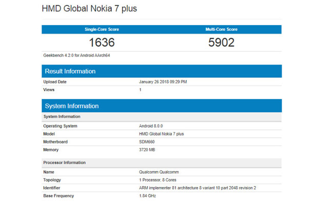 Nokia 7 Plus с чипом Snapdragon 660 появился в Geekbench