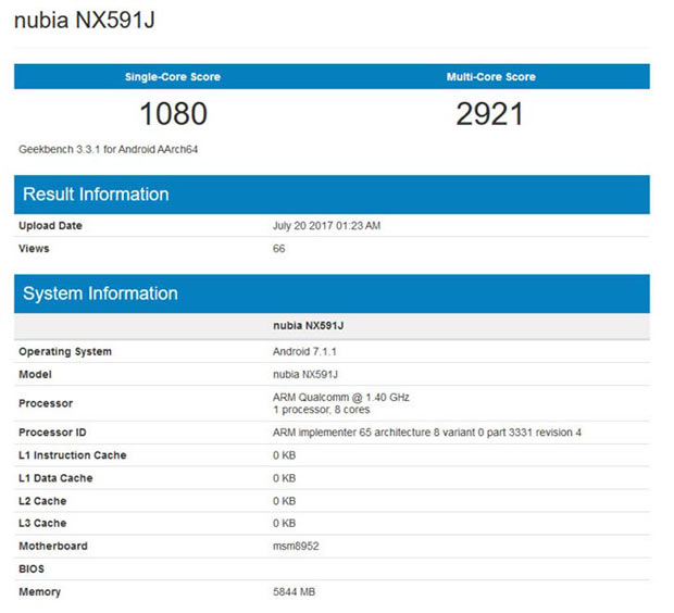 Nubia Z17 Lite протестировали в Geekbench