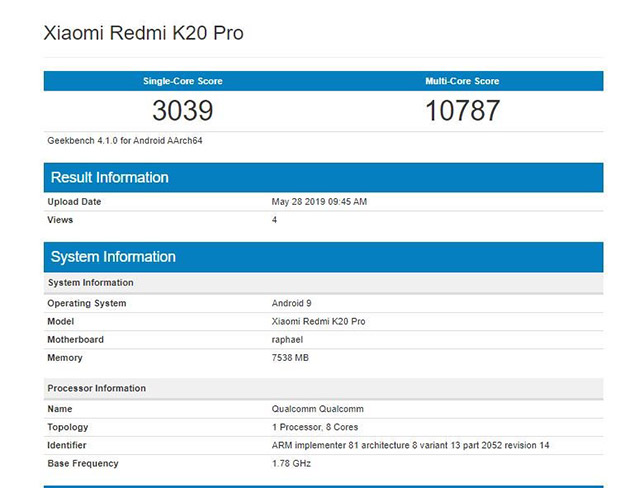 Новый флагман Redmi K20 Pro протестировали в бенчмарке Geekbench