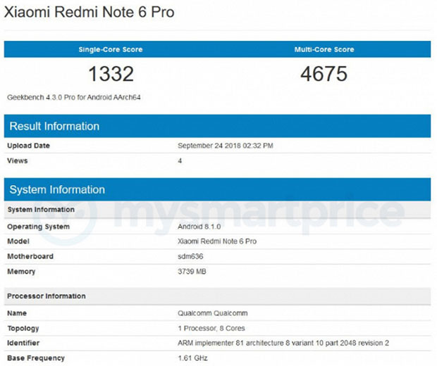 Xiaomi Redmi Note 6 Pro на чипе Snapdragon 636 протестировали в Geekbench