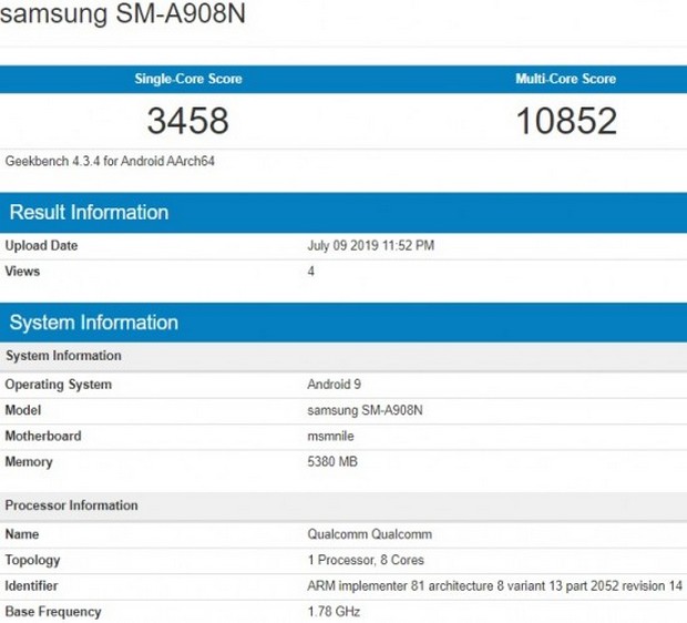 Samsung Galaxy A90 5G появился в Geekbench с чипом Snapdragon 855