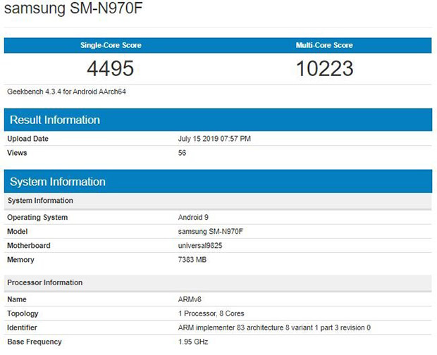 Samsung Galaxy Note10 на базе чипа Exynos 9825 появился в Geekbench