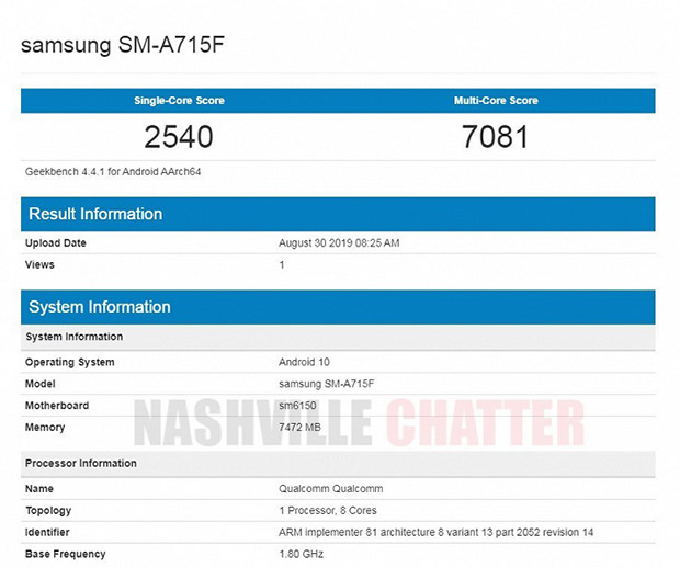 Смартфон Samsung Galaxy A71 появился в Geekbench