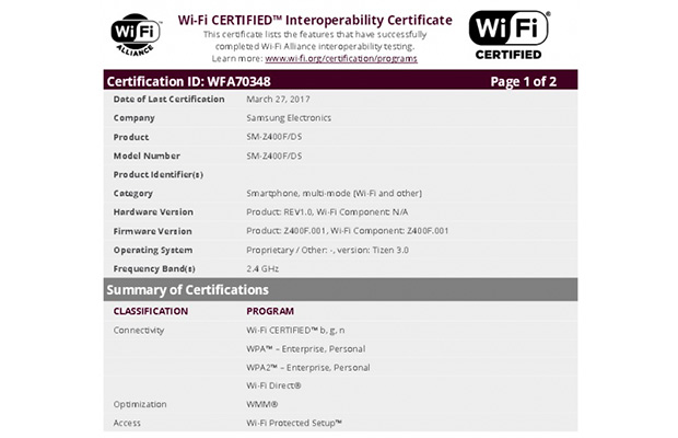 Samsung Z4 получил Wi-Fi сертификат