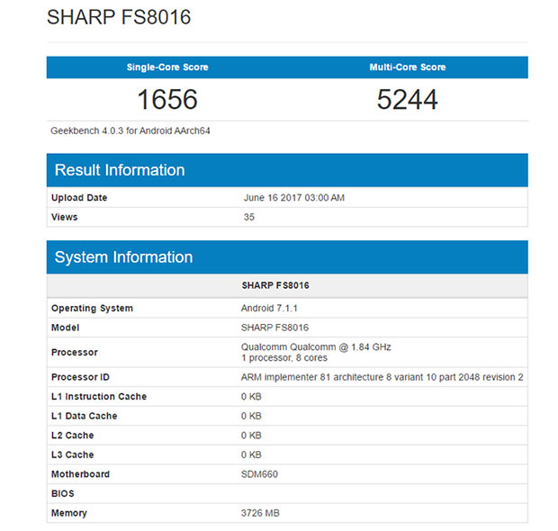 В Geekbench протестирован смартфон Sharp FS8016 с чипом Snapdragon 660