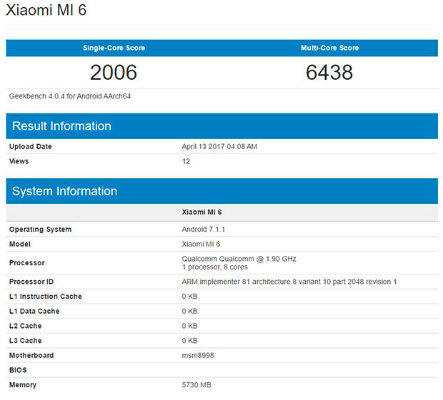 Xiaomi Mi 6 побывал в Geekbench