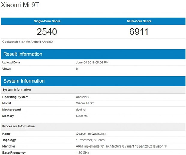 Смартфон Xiaomi Mi 9T побывал в Geekbench