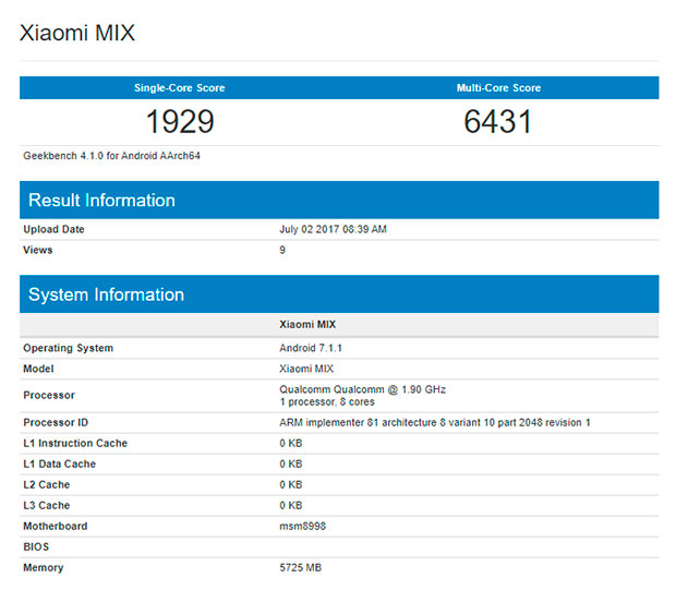 Xiaomi Mi MIX 2 протестировали в Geekbench