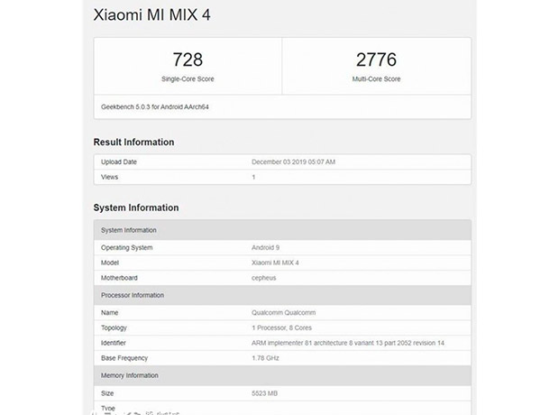 Возможный Xiaomi Mi Mix 4 протестировали в Geekbench