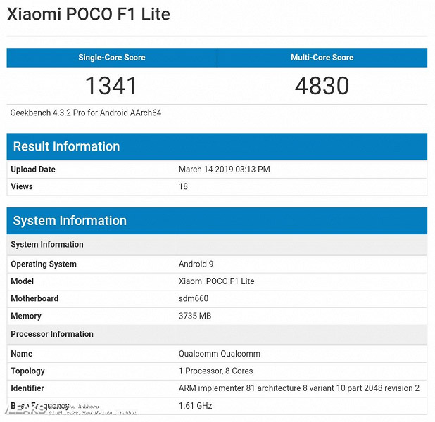 Xiaomi выпустит смартфон Poco F1 Lite на чипе Snapdragon 660