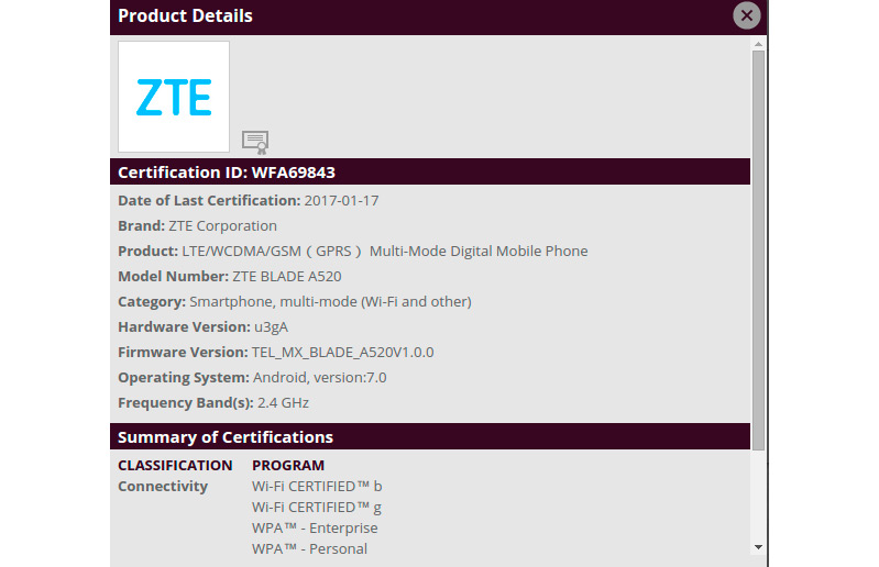 ZTE Blade A520 получил WiFi сертификат