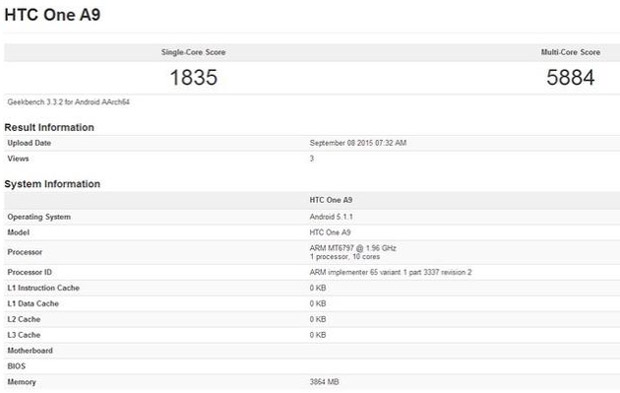 HTC One A9 прошел тестирование в Geekbench